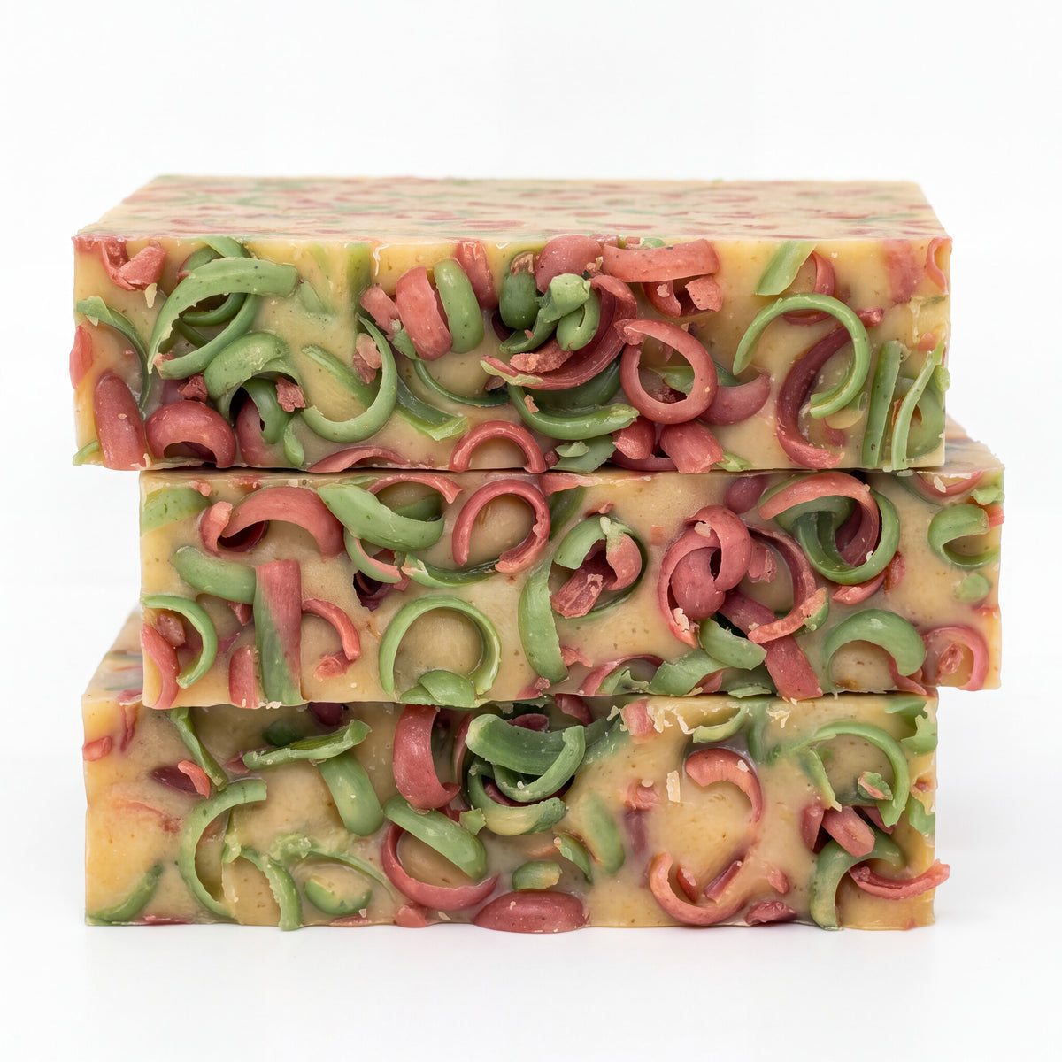 Stack of Holly Jolly Holiday Soap bars showing cross-section