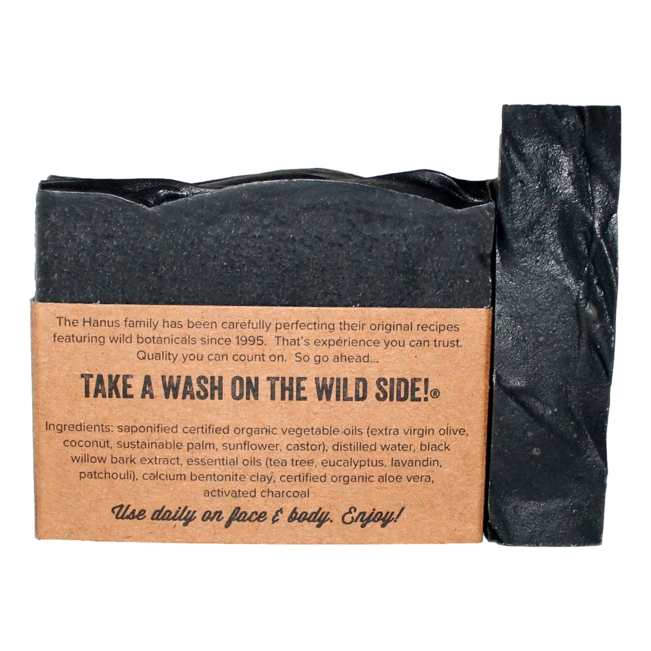 Black Willow Soap bar — back view with ingredients