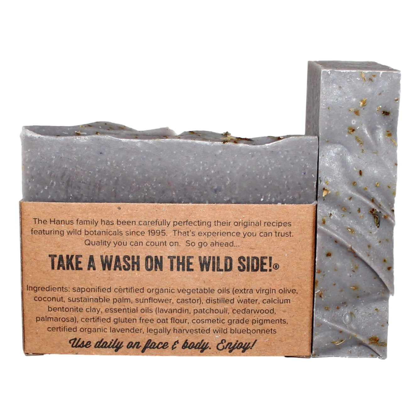 Bluebonnet Soap bar — back view with ingredients