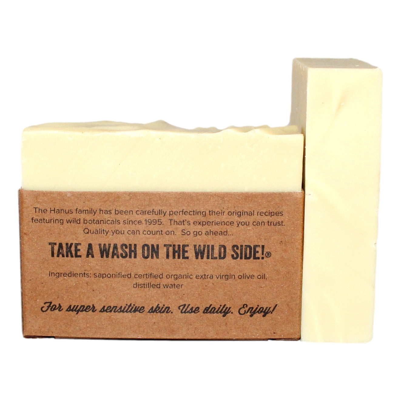Real Castile Olive Oil Soap – Fragrance Free bar — back view with ingredients