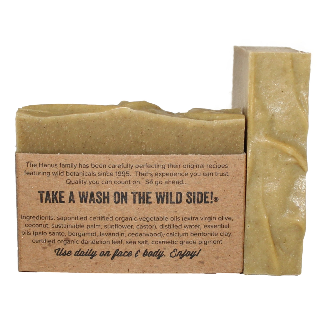 Dandelion Soap bar — back view with ingredients
