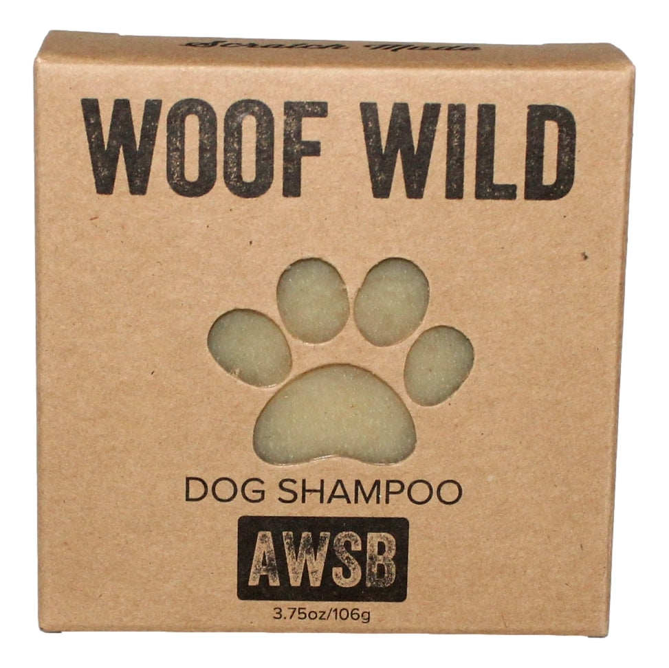 Woof Wild Dog Shampoo Bar — front view with label