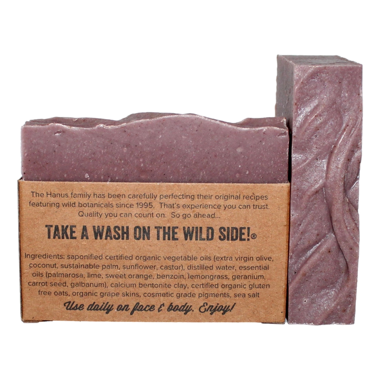 Mustang Grape Soap bar — back view with ingredients