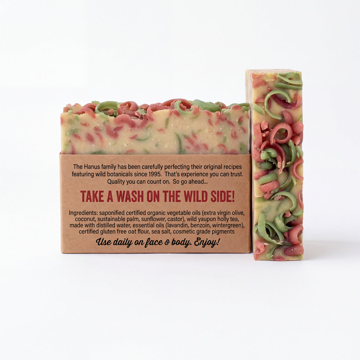 Holly Jolly Holiday Soap bar, back view with ingredients