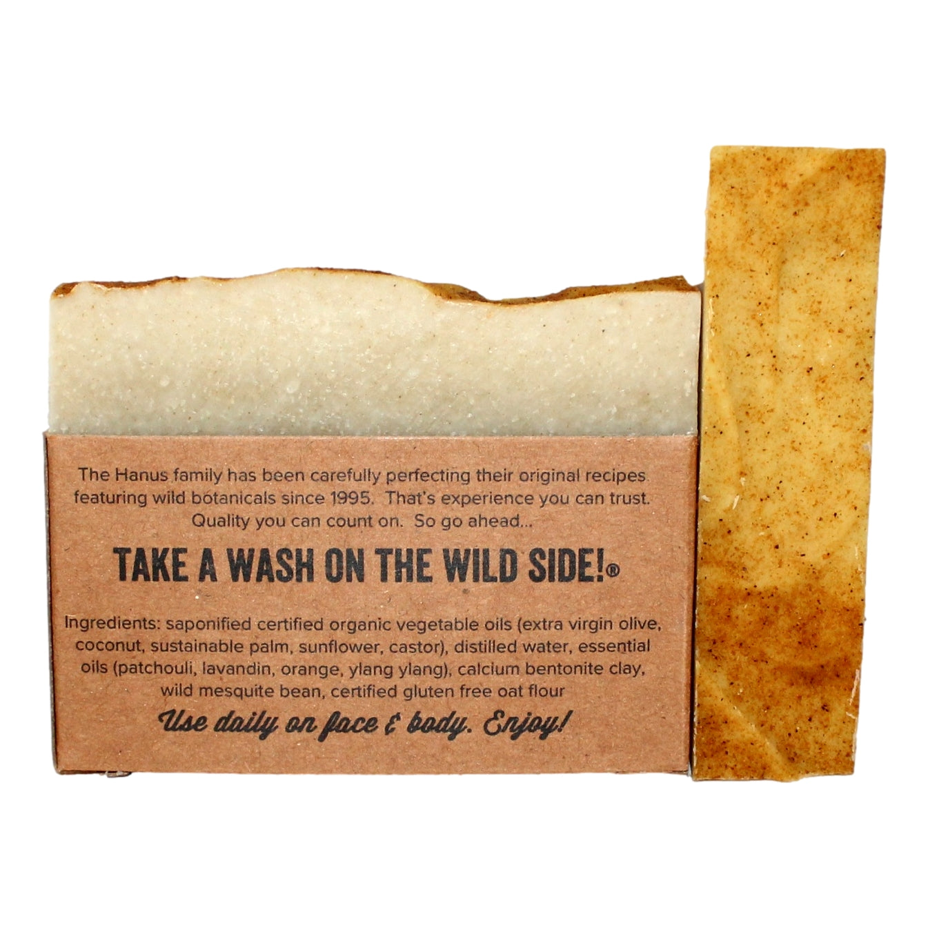 Mesquite Bean Soap bar — back view with ingredients