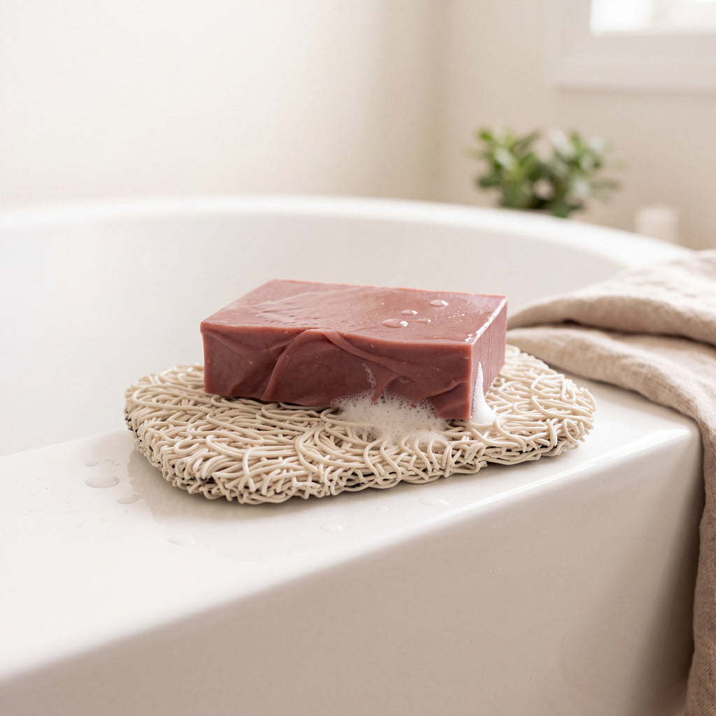 AWSB Soap Nest on a bathtub ledge holding a lathered bar of soap