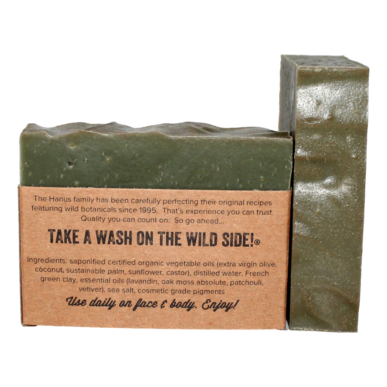Oak Moss Soap bar — back view with ingredients