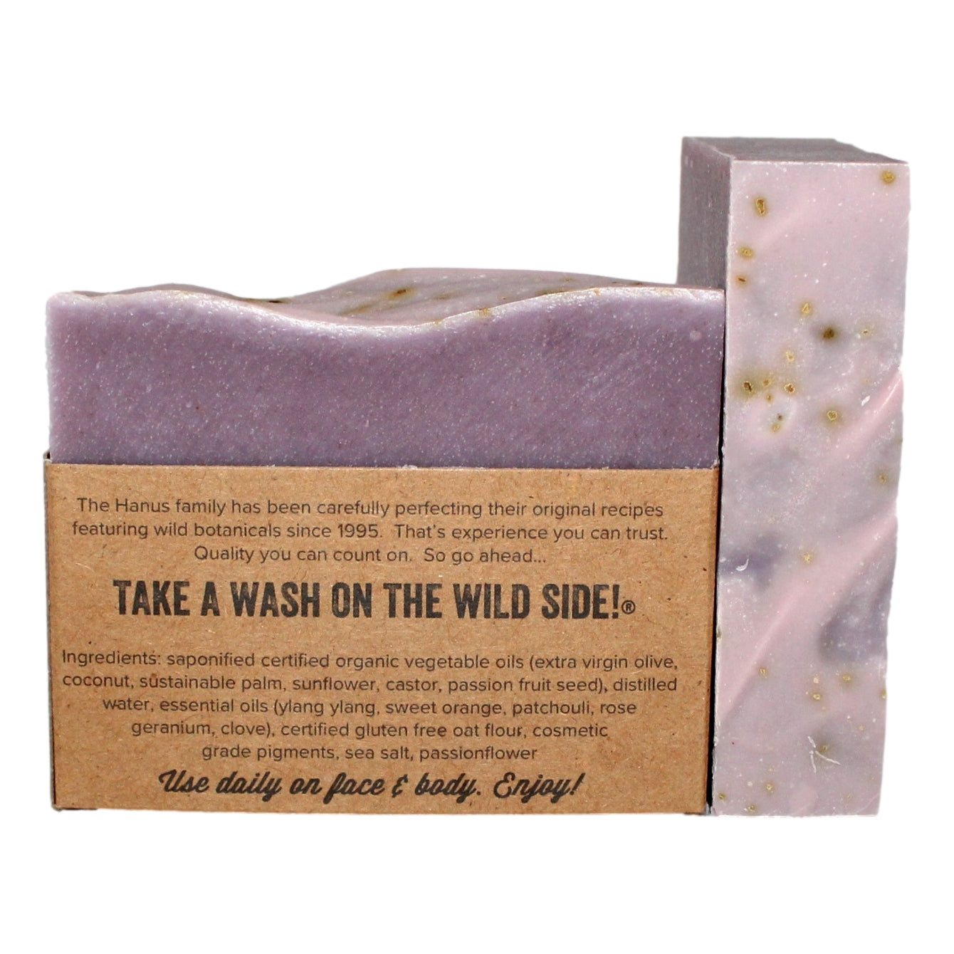 Passionflower Soap bar — back view with ingredients