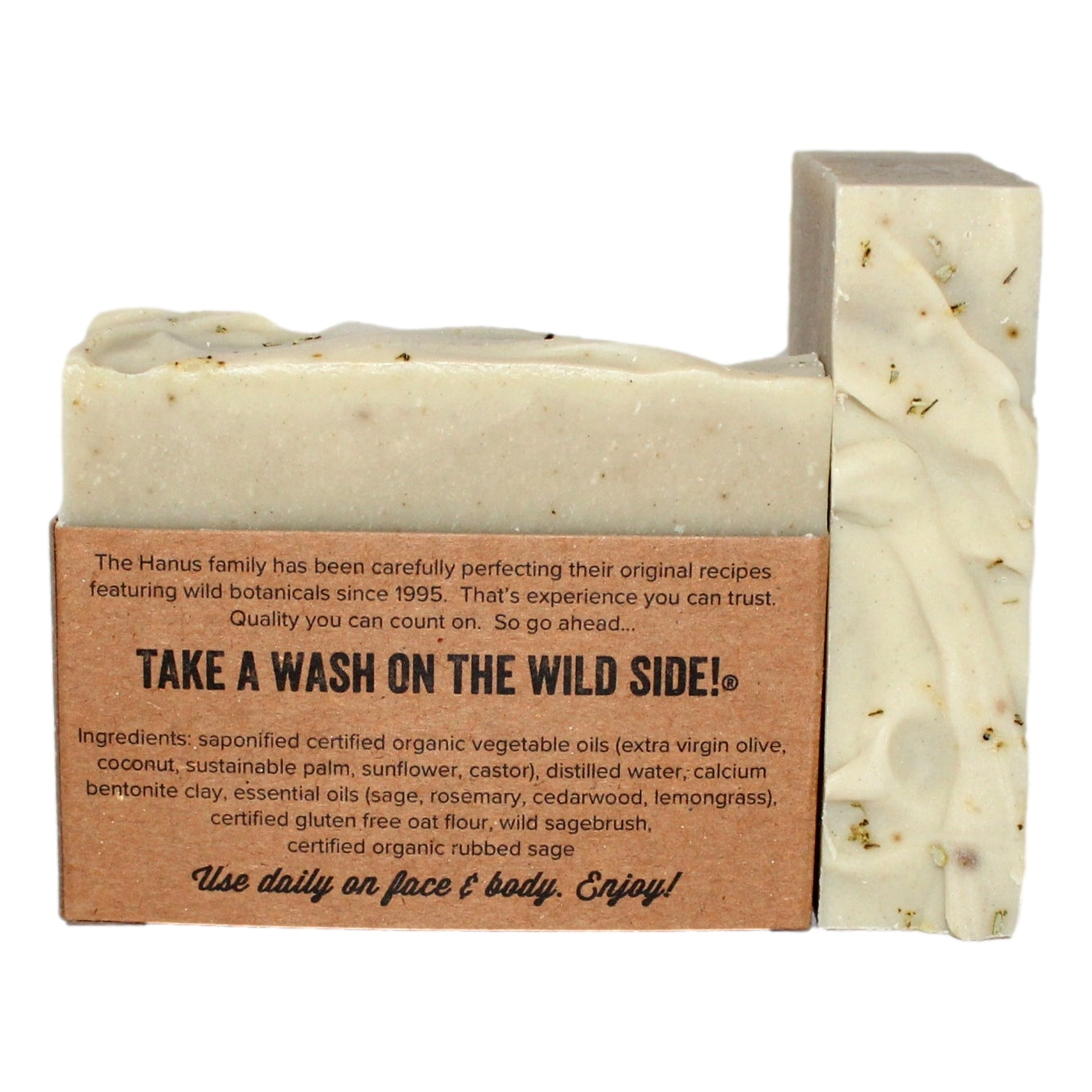 Desert Sage Soap bar — back view with ingredients