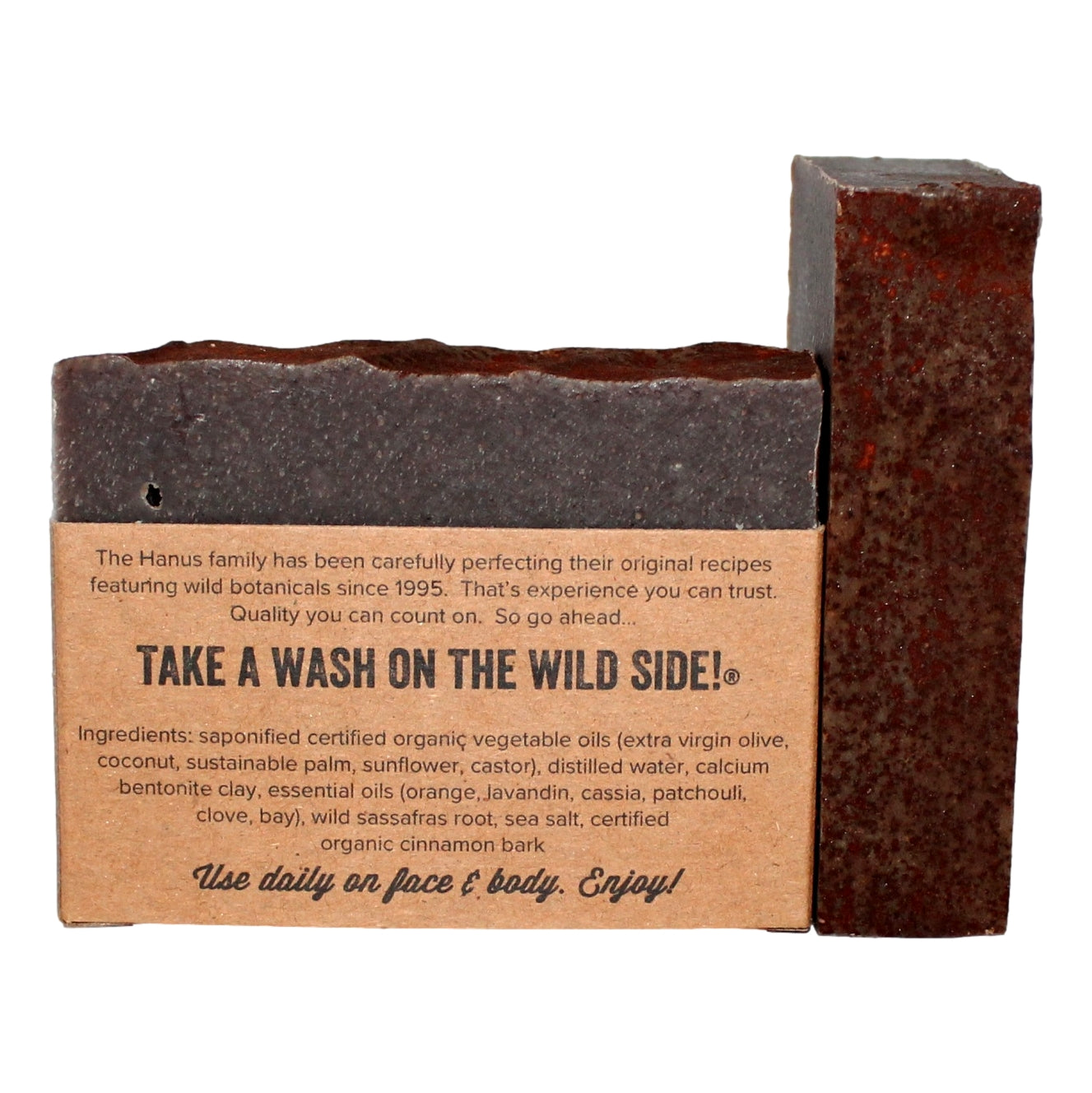 Sassafras Soap bar — back view with ingredients