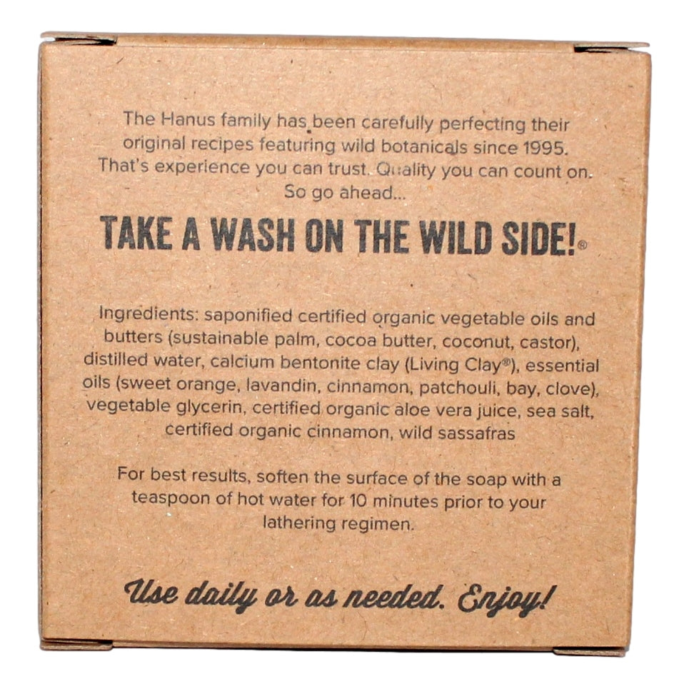 Sassafras Shave Soap bar — back view with ingredients