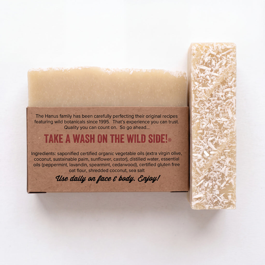 Let It Snow Holiday Soap bar, back view with ingredients