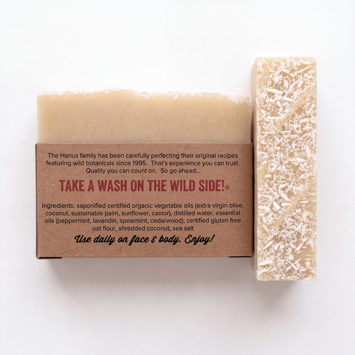 Let It Snow Holiday Soap bar, back view with ingredients