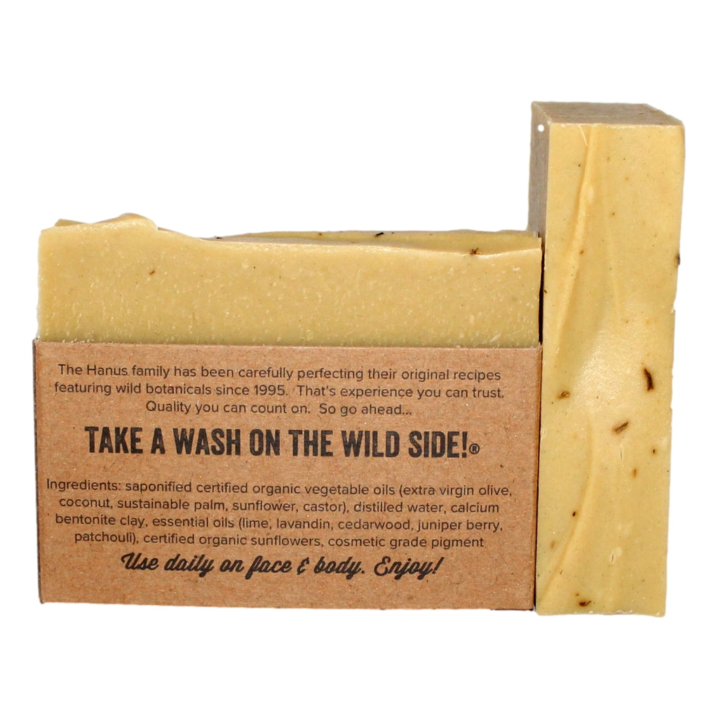 Sunflower Soap bar — back view with ingredients
