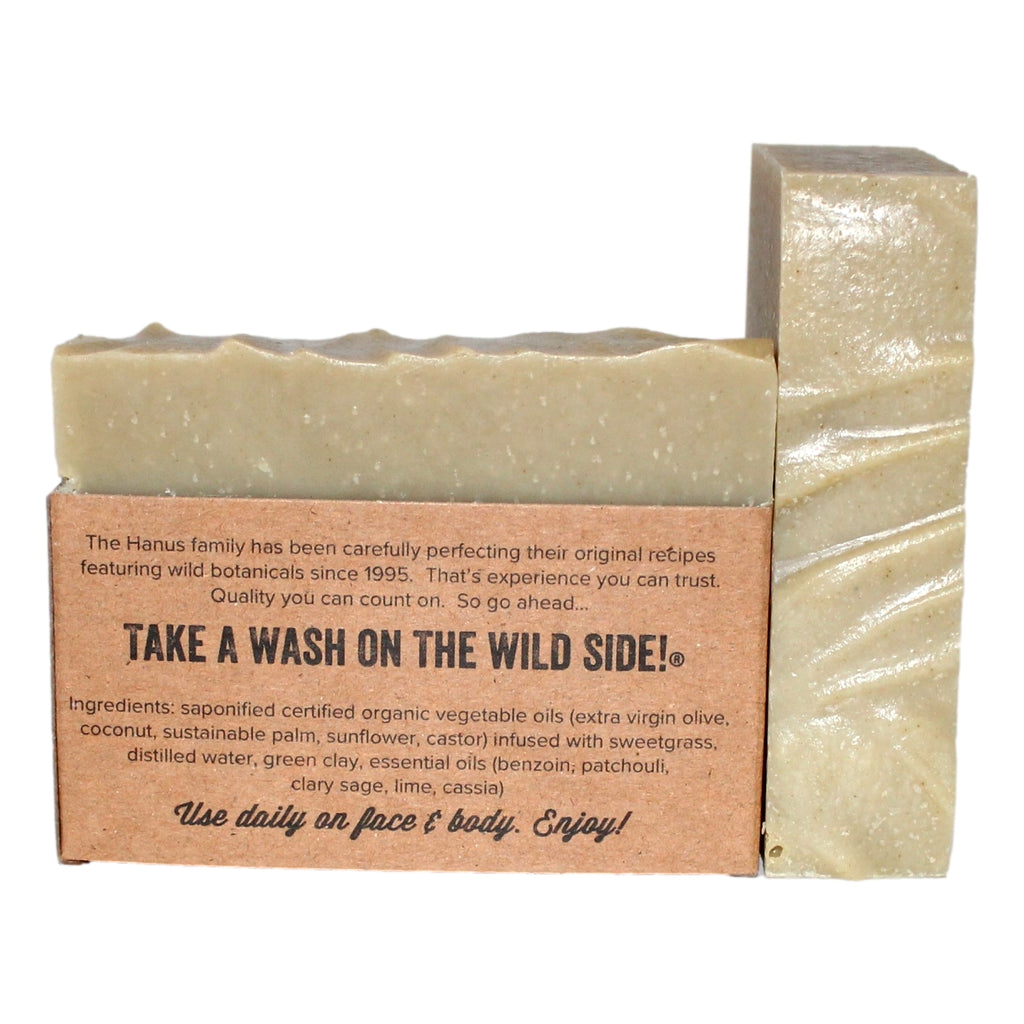 Sweetgrass Soap bar — back view with ingredients