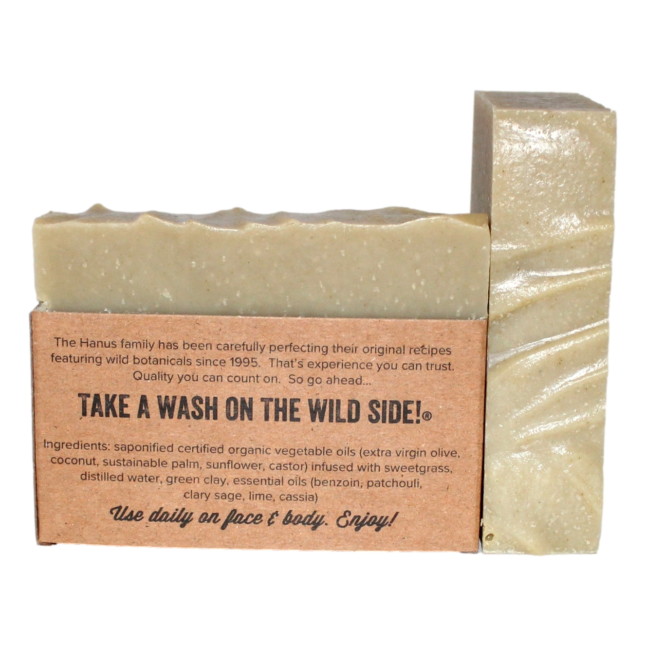 Sweetgrass Soap bar — back view with ingredients