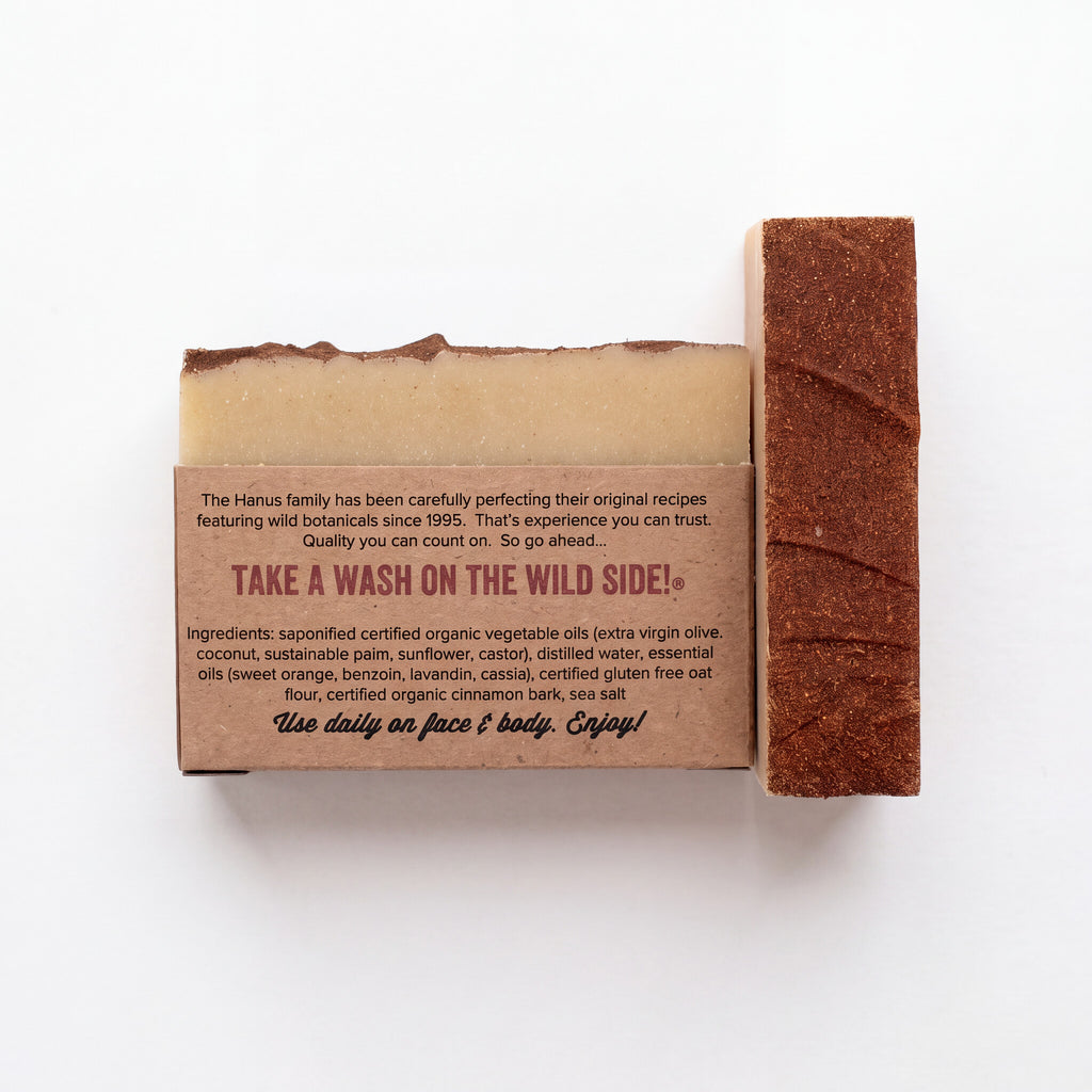 Warm Wishes Holiday Soap bar, back view with ingredients