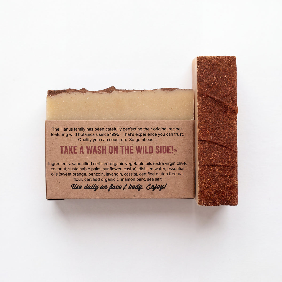 Warm Wishes Holiday Soap bar, back view with ingredients