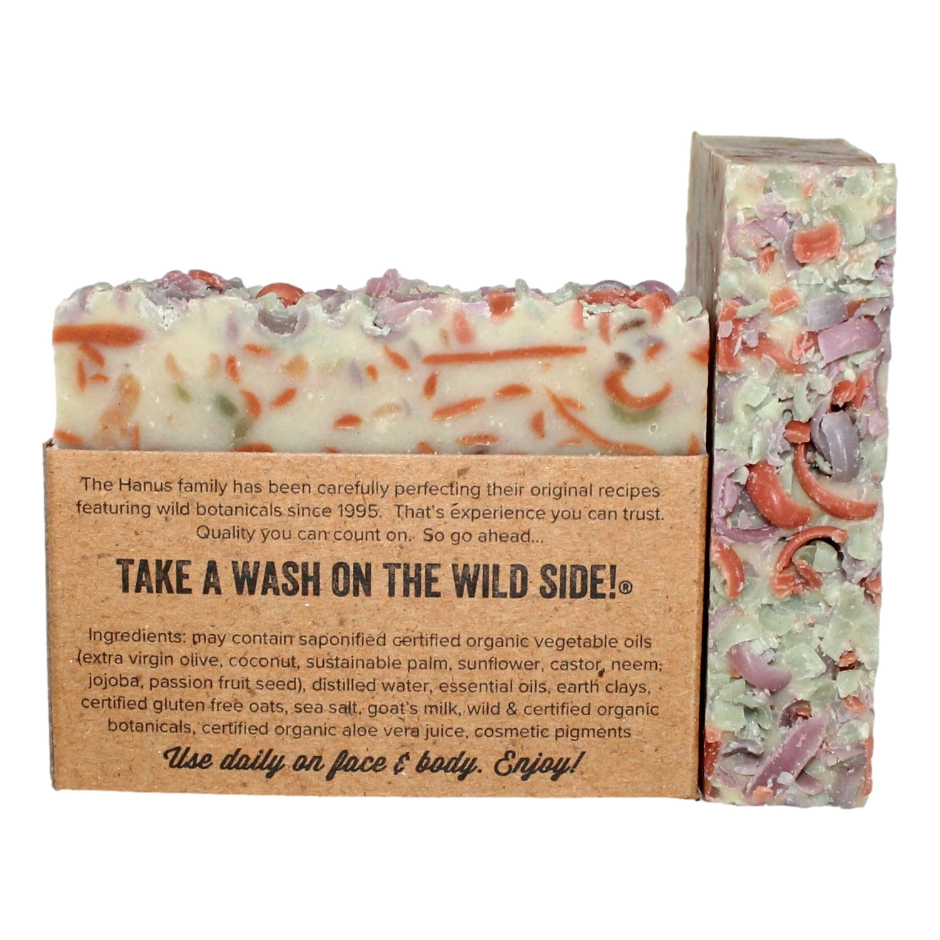 Wildflower Soap bar — back view with ingredients